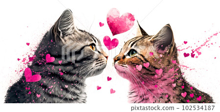 Two cats and flying hearts. Watercolor effect. Valentine's Day, love. Couple, relationship. Postcard, greeting card design. Generative AI. 102534187