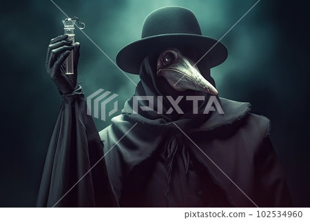 The plague doctor holds a medicine in his hand. Generative AI 102534960