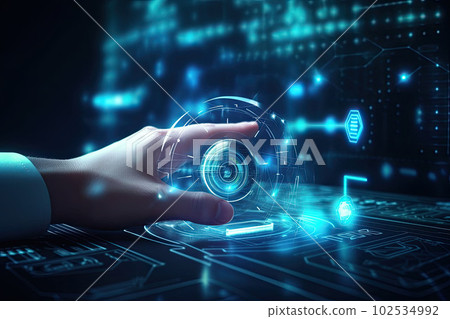 Cyber security and online data protection on internet. Finger touching HUD interface. Generative AI 102534992