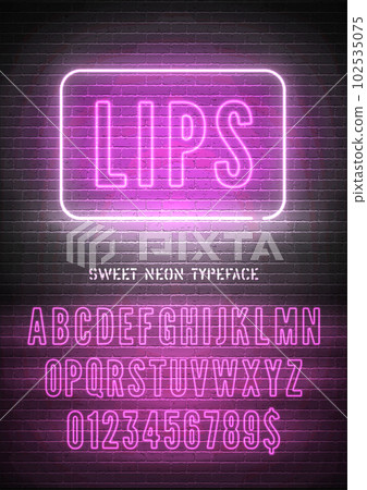 Narrow pink neon font with numbers on brick wall background. Vector hollow lips night light box sign 102535075