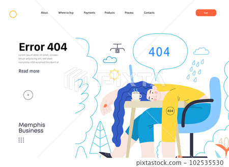 Memphis business illustration. Error 404 -modern flat vector concept illustration of page Error 404 - hopeless woman at the desk. Page not found metaphor. Corporate business sales concept 102535530