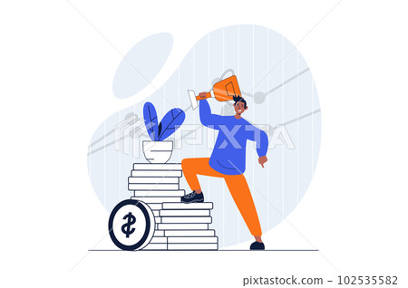 Business success web concept with character scene. Man receives gold cup trophy and achieves financial goals. People situation in flat design. Vector illustration for social media marketing material. 102535582