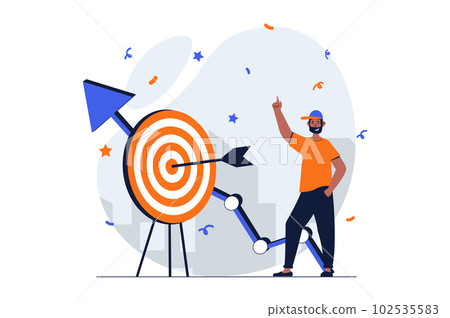 Business success web concept with character scene. Man hits target, celebrates increase in sales and profits. People situation in flat design. Vector illustration for social media marketing material. 102535583