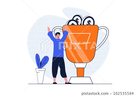 Business success web concept with character scene. Man celebrating victory and getting golden cup and profit. People situation in flat design. Vector illustration for social media marketing material. Business success web concept with character scene. Man celebrating victory and getting golden cup and profit. People situation in flat design. Vector illustration for social media marketing material. 102535584
