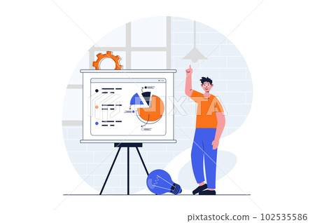 Business startup web concept with character scene. Man creates strategy for project and shows presentation. People situation in flat design. Vector illustration for social media marketing material. 102535586