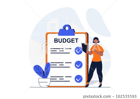 Business planning web concept with character scene. Businesswoman makes tasks list, optimizes company budget. People situation in flat design. Vector illustration for social media marketing material. Business planning web concept with character scene. Businesswoman makes tasks list, optimizes company budget. People situation in flat design. Vector illustration for social media marketing material. 102535593