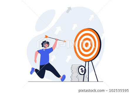 Business growth web concept with character scene. Man hits target with arrow and improves financial income. People situation in flat design. Vector illustration for social media marketing material. 102535595