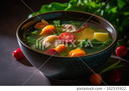 AI generated appetizing Sinigang soup in a dark green bowl 102535922