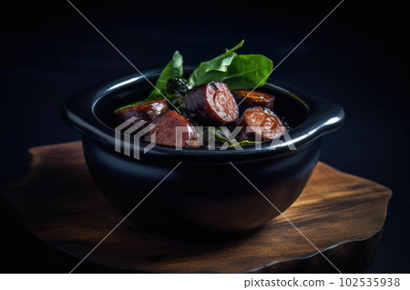 AI generated appetizing Filipino sausage in a dark green bowl AI generated appetizing Filipino sausage in a dark green bowl 102535938