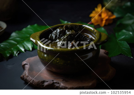 AI generated appetizing Dinuguan in a dark green bowl 102535954