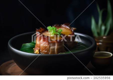 AI generated appetizing lechon spit-roasted pig in a dark green bowl AI generated appetizing lechon spit-roasted pig in a dark green bowl 102535956