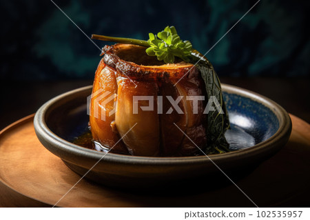 AI generated appetizing lechon spit-roasted pig in a dark green bowl AI generated appetizing lechon spit-roasted pig in a dark green bowl 102535957