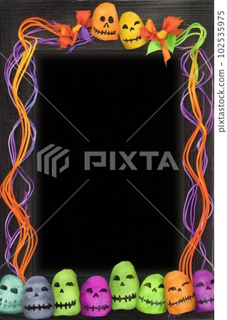 AI generated Halloween frame with pumpkins, skull and ribbons on black background AI generated Halloween frame with pumpkins, skull and ribbons on black background 102535975
