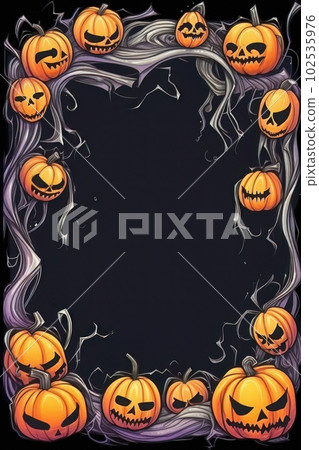 AI generated Halloween frame with pumpkins, skull and ribbons on black background 102535976