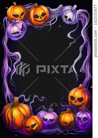 AI generated Halloween frame with pumpkins, skull and ribbons on black background 102535977