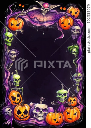 AI generated Halloween frame with pumpkins, skull and ribbons on black background AI generated Halloween frame with pumpkins, skull and ribbons on black background 102535979