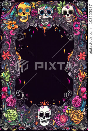 AI generated Skull and flower frame. Hand drawn illustration 102535987