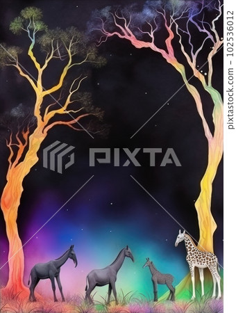AI generated frame with Children's drawing of a tree and animals on a black background AI generated frame with Children's drawing of a tree and animals on a black background 102536012