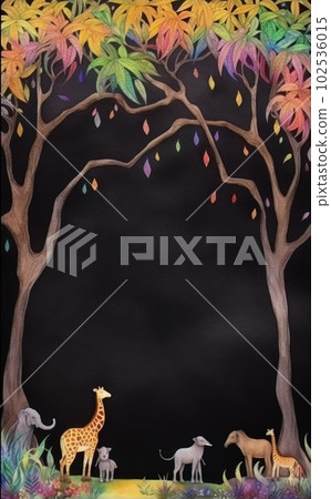 AI generated frame with Children's drawing of a tree and animals on a black background AI generated frame with Children's drawing of a tree and animals on a black background 102536015