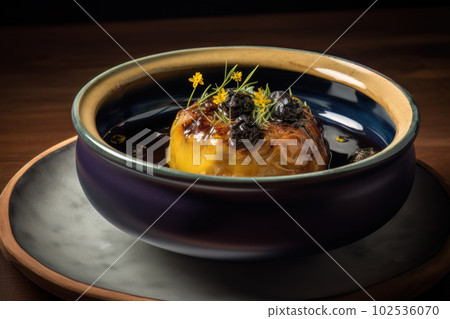 AI generated appetizing sapin-sapin in a dark green bowl AI generated appetizing sapin-sapin in a dark green bowl 102536070