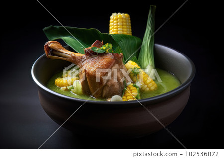 AI generated appetizing Bulalo soup made with leafy vegetables and corn on the cob and beef shanks filled with bone marrow in a dark green bowl 102536072