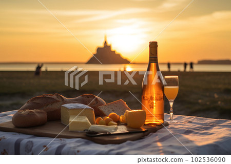 French picnic in autumn with mont saint-michel on background. Generative AI French picnic in autumn with mont saint-michel on background. Generative AI 102536090