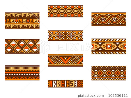 African seamless borders set. Hand stamp printing. Ethnic folk texture. 102536111