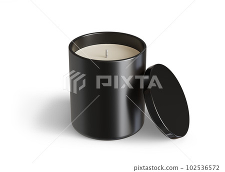 Minimalist candle mockup, black ceramic candle jar with glossy black lid open design-ready 3D render template Minimalist candle mockup, black ceramic candle jar with glossy black lid open design-ready 3D render template 102536572