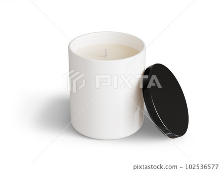 Minimalist candle mockup, white ceramic candle jar with glossy black lid open design-ready 3D render template Minimalist candle mockup, white ceramic candle jar with glossy black lid open design-ready 3D render template 102536577