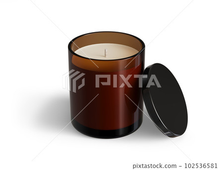 Minimalist candle mockup, amber glass candle jar with glossy black lid open design-ready 3D render template Minimalist candle mockup, amber glass candle jar with glossy black lid open design-ready 3D render template 102536581