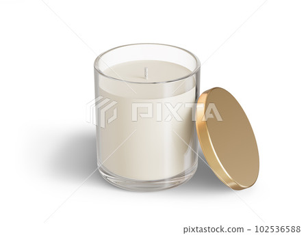 Minimalist candle mockup, clear glass candle jar with golden lid open design-ready 3D render template 102536588