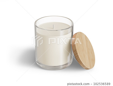 Minimalist candle mockup, clear glass candle jar with wooden lid open design-ready 3D render template 102536589