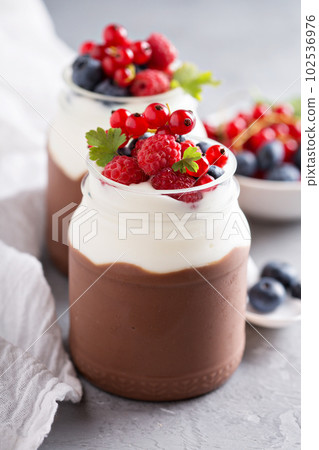 Chocolate pudding with cream and fresh berries 102536976