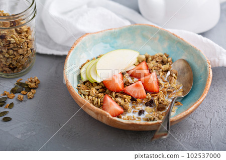 Homemade granola with milk for breakfast 102537000