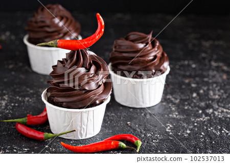 Chocolate cupcakes with mexican chili pepper 102537013