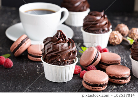 Chocolate cupcakes with thick and glossy frosting Chocolate cupcakes with thick and glossy frosting 102537014