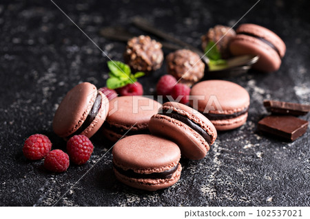 Chocolate and raspberry french macarons with ganache filling Chocolate and raspberry french macarons with ganache filling 102537021