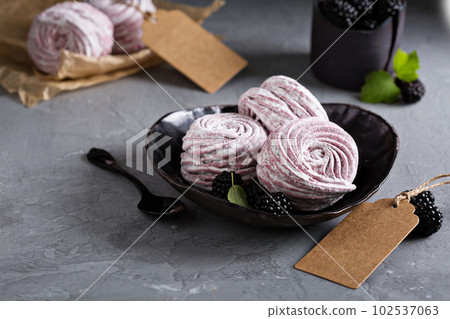 Homemade marshmallow dessert with berries Homemade marshmallow dessert with berries 102537063