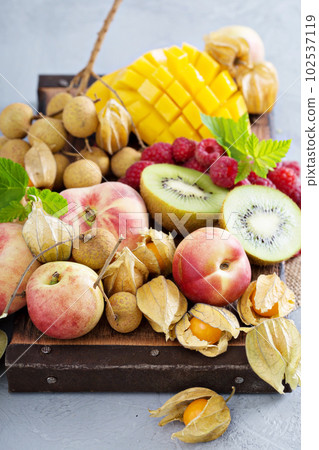 Fresh and ripe tropical fruit board 102537119