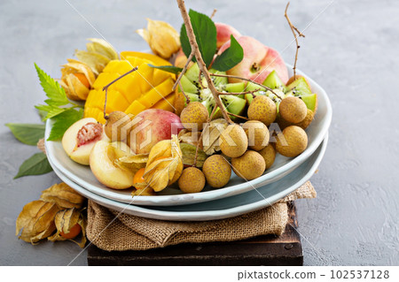 Assorted tropical fruits on a plate 102537128