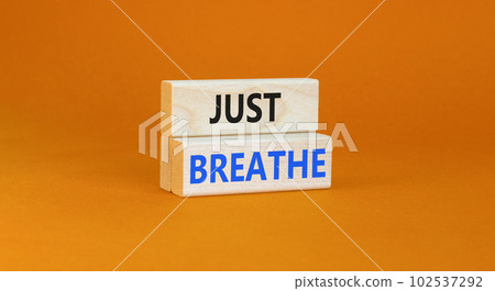 Just breathe and psychological symbol. Concept words Just breathe on beautiful wooden block. Beautiful orange table orange background. Business psychological and Just breathe concept. Copy space 102537292