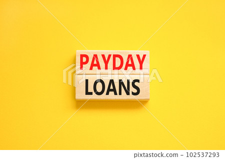 Payday loans symbol. Concept words Payday loans on beautiful wooden block. Beautiful yellow table yellow background. Business and Payday loans concept. Copy space. 102537293