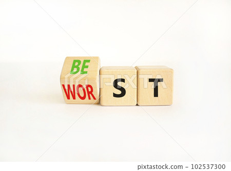 Best or worst symbol. Businessman turns wooden cubes and changes the word best to worst. Beautiful white table white background, copy space. Business and best or worst concept. Best or worst symbol. Businessman turns wooden cubes and changes the word best to worst. Beautiful white table white background, copy space. Business and best or worst concept. 102537300