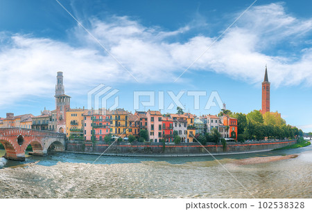 Fabulous  Verona cityscape view on the riverside with historical buildings and towers. 102538328