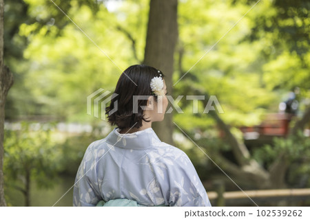 The back of a woman wearing a kimono The back of a woman wearing a kimono 102539262