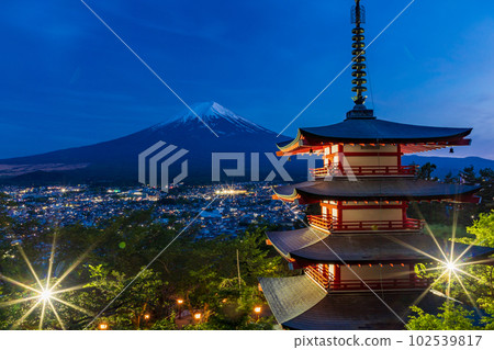 （山梨縣）新倉山淺間公園的富士山夜景，日本的新綠之美 102539817