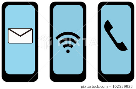 Set of 3 types of smartphones with marks on the screen: email, Wi-Fi, phone Set of 3 types of smartphones with marks on the screen: email, Wi-Fi, phone 102539923