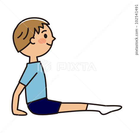 一個玩蹦床的男孩_坐著,雙手在後,伸展雙腿 一個玩蹦床的男孩_坐著,雙手在後,伸展雙腿 102541491