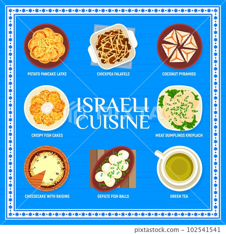 Israeli cuisine meals menu. Potato pancake Latke, chickpea falafels and coconut pyramids, sefilte fish balls, crispy fish cakes and meat dumplings Kreplach, cheesecake with raisins, green tea drink Israeli cuisine meals menu. Potato pancake Latke, chickpea falafels and coconut pyramids, sefilte fish balls, crispy fish cakes and meat dumplings Kreplach, cheesecake with raisins, green tea drink 102541541