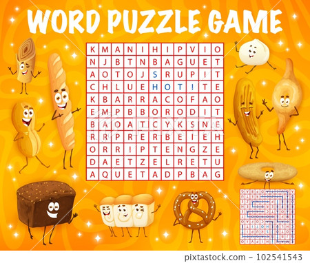 Word search puzzle game. Cartoon bakery, pastry and bread characters. Child vocabulary quiz, crossword grid vector worksheet with shoti puri, injera and marraqueta, pretzel, mantou bun cute personages Word search puzzle game. Cartoon bakery, pastry and bread characters. Child vocabulary quiz, crossword grid vector worksheet with shoti puri, injera and marraqueta, pretzel, mantou bun cute personages 102541543